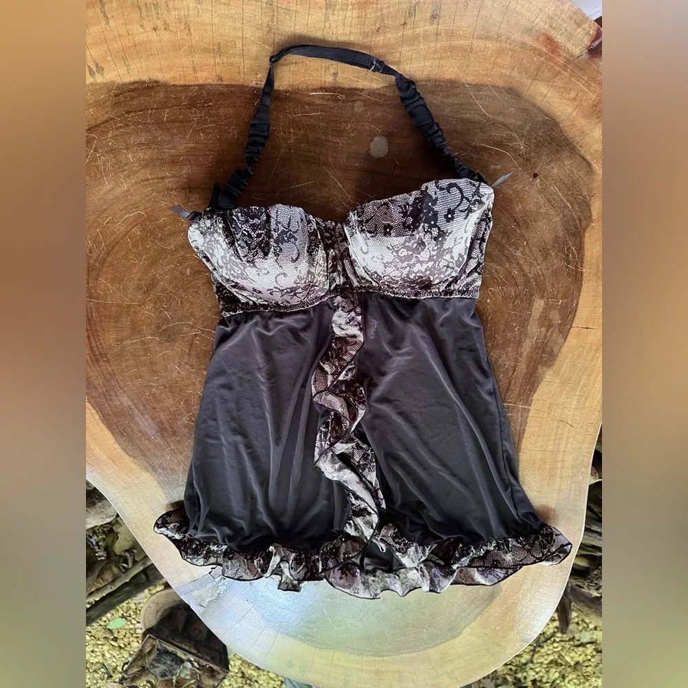 Frederick’s Of Hollywood Black Babydoll Teddy Camisole Lingerie Top Lace Sexy M